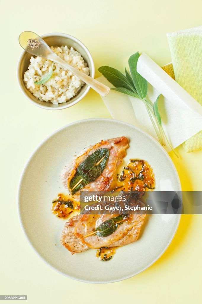 Saltimbocca in masala sauce with risotto