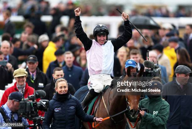 Jack Kennedy celebrates on board Teahupoo after winning the Betway Paddy Power Stayers Hurdle during day three of the Cheltenham Festival 2024 at...