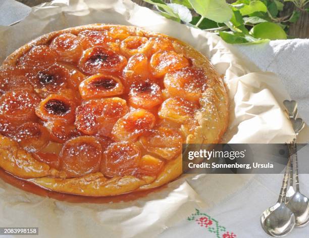 tarte tatin on a table outdoors - tarte tartin stock pictures, royalty-free photos & images