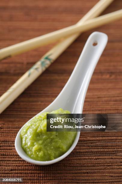 wasabi on an asian porcelain spoon - wasabi paste stock pictures, royalty-free photos & images