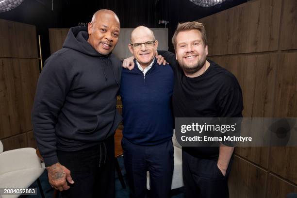 Dr. Dre, Scott Greenstein, SiriusXM’s President and Chief Content Officer and James Corden are seen on SiriusXM's 'This Life of Mine with James...
