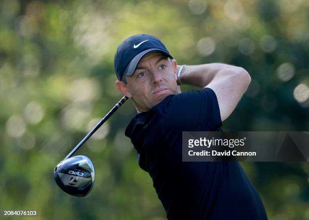 Rory McIlroy of Northern Ireland plays his tee shot on the 15th hole during the first round of THE PLAYERS Championship on the Stadium Course at TPC...