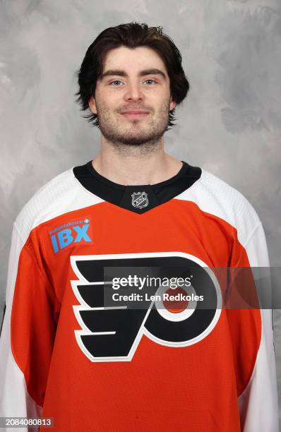 Newly acquired Jamie Drysdale of the Philadelphia Flyers poses for his official 2023-2024 headshot at the Wells Fargo Center on March 13, 2024 in...