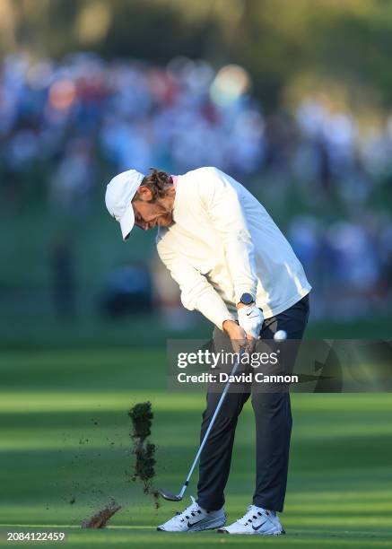 Tommy Fleetwood of England plays his second shot on the 10th hole during the first round of THE PLAYERS Championship on the Stadium Course at TPC...