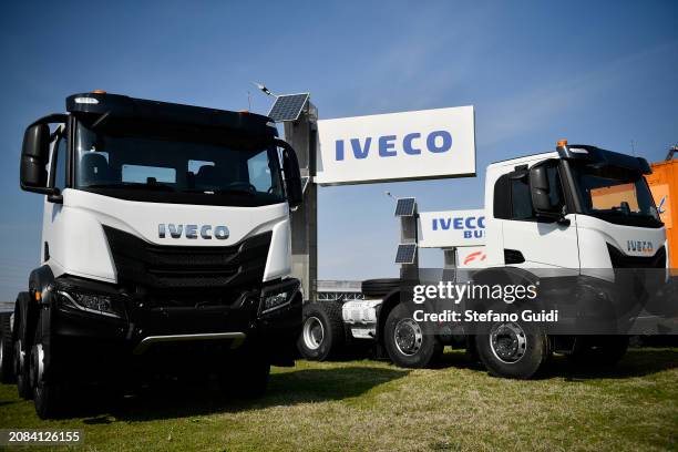 General view of a Fiat Industrial Iveco trucks sits on display during the IVECO Capital Markets Day Conference on March 14, 2024 in Turin, Italy.