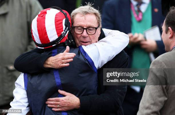 Ben Jones celebrates with Owner Harry Redknapp after winning the TrustATrader Plate Handicap Chase on board Shakem Up'arry during day three of the...