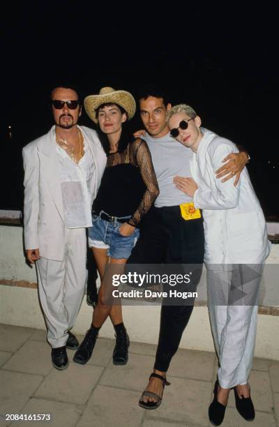 Dave Stewart, Siobhan Fahey, Uri Fruchtmann and Annie Lennox after a 'Eurythmics' warm up gig, Cannes, France, August 24th 1989.