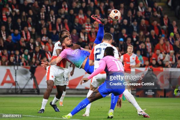 Olivier Giroud of AC Milan in action during the UEFA Europa League 2023/24 round of 16 second leg match between Slavia Praha and AC Milan at Eden...