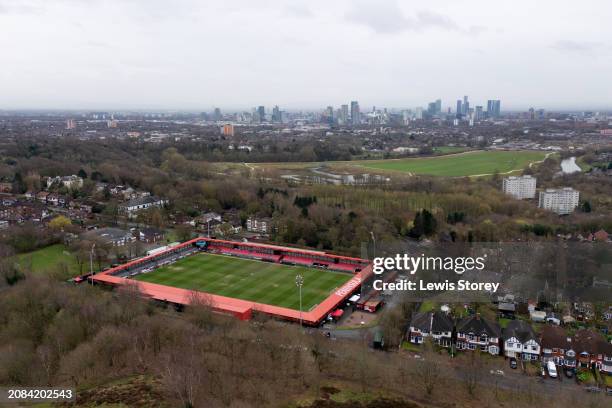 An Aerial View of The Peninsula Stadium is seen prior to the Sky Bet League Two match between Salford City and Stockport County on March 14, 2024 in...