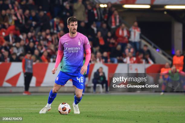 Matteo Gabbia of AC Milan in action during the UEFA Europa League 2023/24 round of 16 second leg match between Slavia Praha and AC Milan at Eden...
