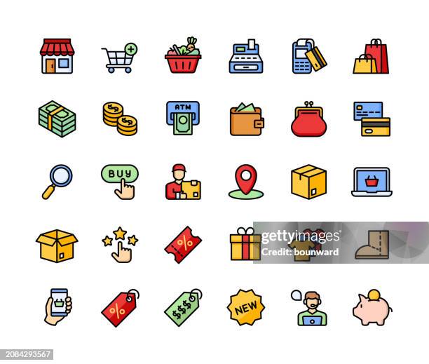 online shopping. line color icons. editable stroke. - pop mart stock illustrations