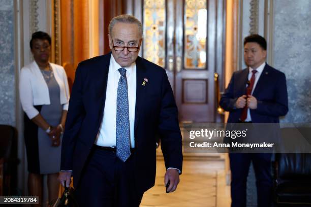 Senate Majority Leader Chuck Schumer departs from the Senate Chambers in the U.S. Capitol Building on March 14, 2024 in Washington, DC. During a...