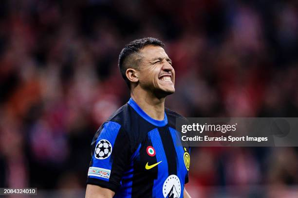 Alexis Sánchez of Internazionale was crushed after been defeated by Atletico Madrid during the UEFA Champions League 2023/24 round of 16 second leg...