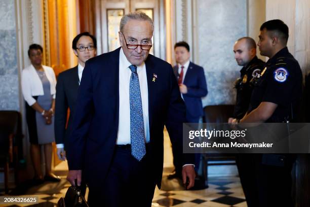 Senate Majority Leader Chuck Schumer departs from the Senate Chambers in the U.S. Capitol Building on March 14, 2024 in Washington, DC. During a...