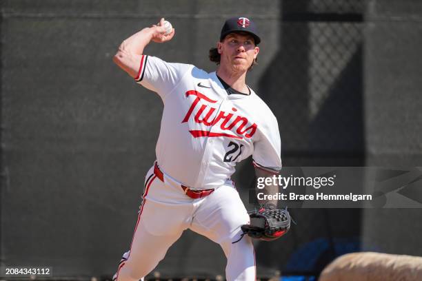 Anthony DeSclafani of the Minnesota Twins throws prior to a spring training game against the Toronto Blue Jays on March 14, 2024 at the Lee County...