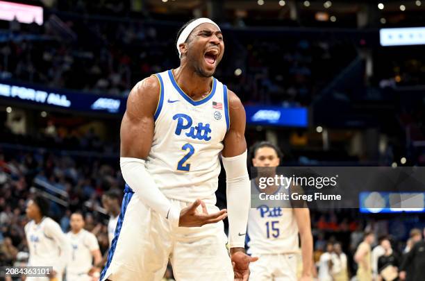 Blake Hinson of the Pittsburgh Panthers celebrates in the first half against the Wake Forest Demon Deacons in the Quarterfinals of the ACC Men's...