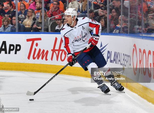John Carlson of the Washington Capitals in action during the game against the Edmonton Oilers at Rogers Place on March 13 in Edmonton, Alberta,...