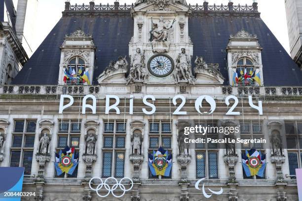 The Paris 2024 logo, representing the Olympic and Paralympic Games four months prior to the start of the Paris 2024 Olympic and Paralympic games is...