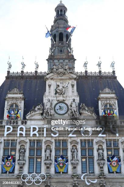 The Paris 2024 logo, representing the Olympic and Paralympic Games four months prior to the start of the Paris 2024 Olympic and Paralympic games is...