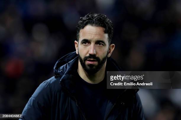 Ruben Amorim, Head Coach of Sporting CP, looks on prior to the UEFA Europa League 2023/24 round of 16 second leg match between Atalanta and Sporting...