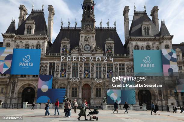 The Paris 2024 logo, representing the Olympic and Paralympic Games four months prior to the start of the Paris 2024 Olympic and Paralympic games is...