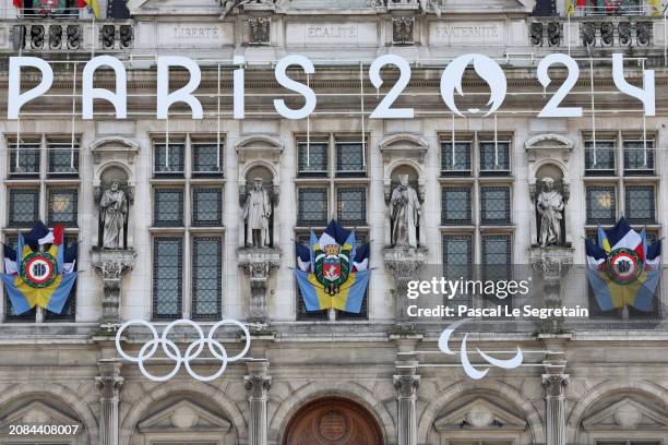 The Paris 2024 logo, representing the Olympic and Paralympic Games four months prior to the start of the Paris 2024 Olympic and Paralympic games is...