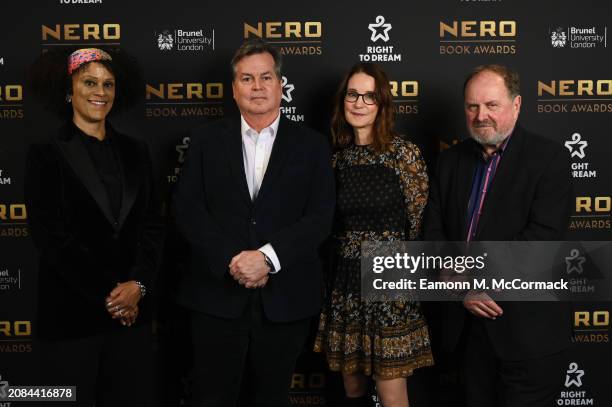 Final judging panel of the Nero Book Awards 2023 - Bernardine Evaristo, Susie Dent and James Naughtie – pictured alongside Founder and Group CEO of...