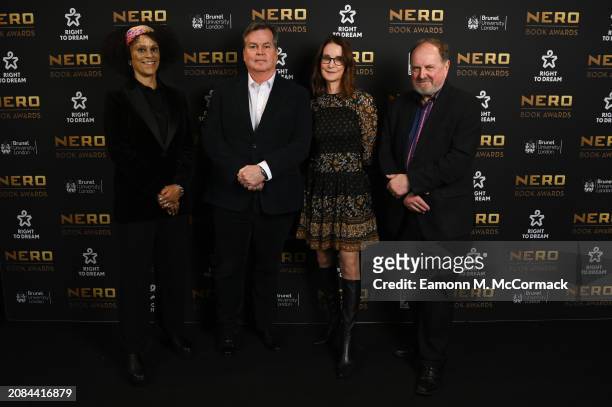Final judging panel of the Nero Book Awards 2023 - Bernardine Evaristo, Susie Dent and James Naughtie – pictured alongside Founder and Group CEO of...