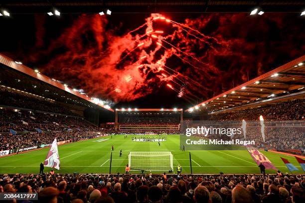 General view inside the stadium as fireworks are displayed ahead of kick off prior to the UEFA Europa Conference League 2023/24 round of 16 second...