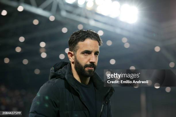 Ruben Amorim, Head Coach of Sporting CP, looks on prior to the UEFA Europa League 2023/24 round of 16 second leg match between Atalanta and Sporting...