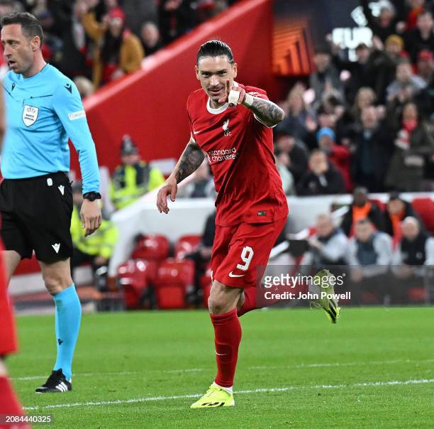 Darwin Nunez of Liverpool celebrates after scoring the opening goal during the UEFA Europa League 2023/24 round of 16 second leg match between...