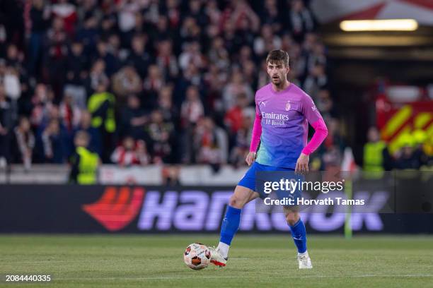 Matteo Gabbia of AC Milan against during the UEFA Europa League 2023/24 round of 16 second leg match between Slavia Praha and AC Milan at Eden Arena...