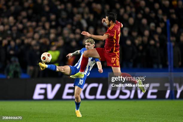 Julio Enciso of Brighton & Hove Albion battles for possession with Sardar Azmoun of AS Roma during the UEFA Europa League 2023/24 round of 16 second...