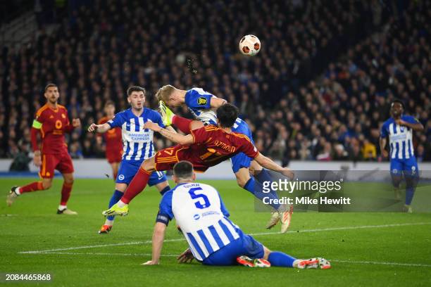 Sardar Azmoun of AS Roma scores an overhead kick goal that is later disallowed during the UEFA Europa League 2023/24 round of 16 second leg match...