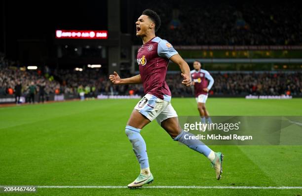 Ollie Watkins of Aston Villa celebrates scoring his team's first goal during the UEFA Europa Conference League 2023/24 round of 16 second leg match...