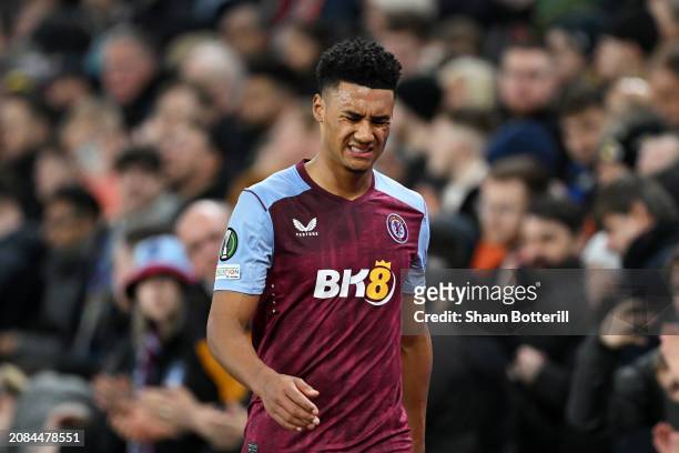 Ollie Watkins of Aston Villa looks dejected leaving the pitch after sustaining an injury during the UEFA Europa Conference League 2023/24 round of 16...