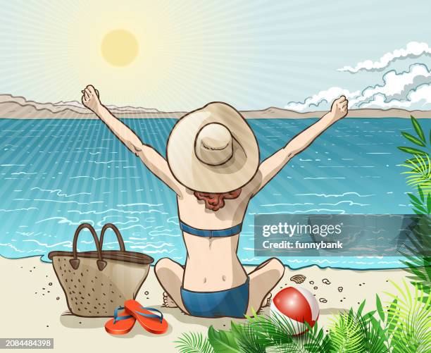 ilustraciones, imágenes clip art, dibujos animados e iconos de stock de tiempo de luz solar - bolsa de playa