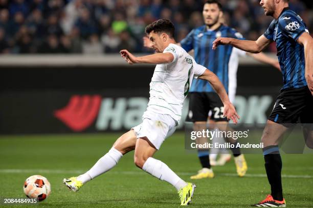 Pedro Goncalves of Sporting CP scores his team's first goal during the UEFA Europa League 2023/24 round of 16 second leg match between Atalanta and...
