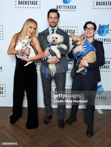 Amanda Holden, David Gandy and Sue Perkins attend the Battersea Dogs and Cats Home annual gala dinner at Bloomsbury Ballroom on March 14, 2024 in...