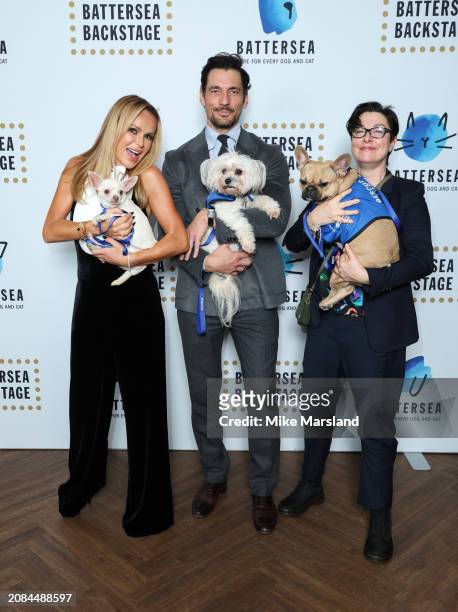 Amanda Holden, David Gandy and Sue Perkins attend the Battersea Dogs and Cats Home annual gala dinner at Bloomsbury Ballroom on March 14, 2024 in...