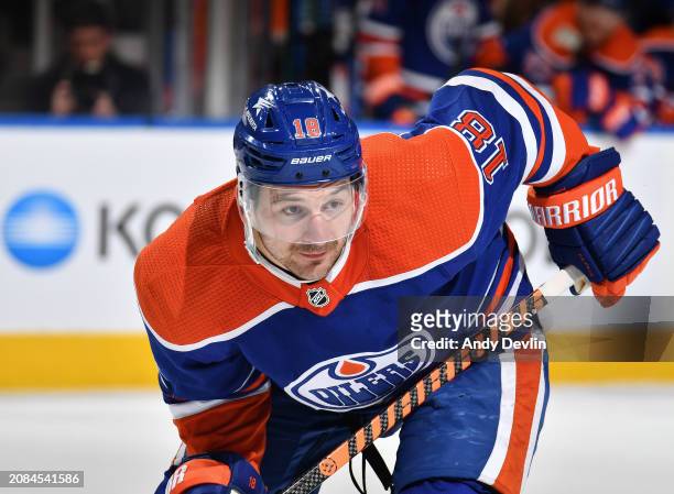 Zach Hyman of the Edmonton Oilers awaits a face-off during the game against the Washington Capitals at Rogers Place on March 13 in Edmonton, Alberta,...