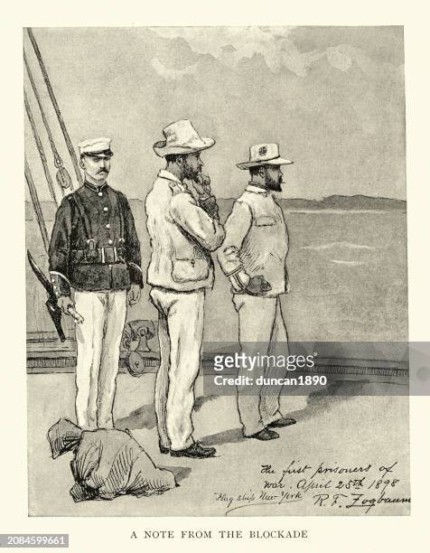 spanish prisoners of war guarded by an american marine, spanish–american war , military history - us marine corps stock illustrations