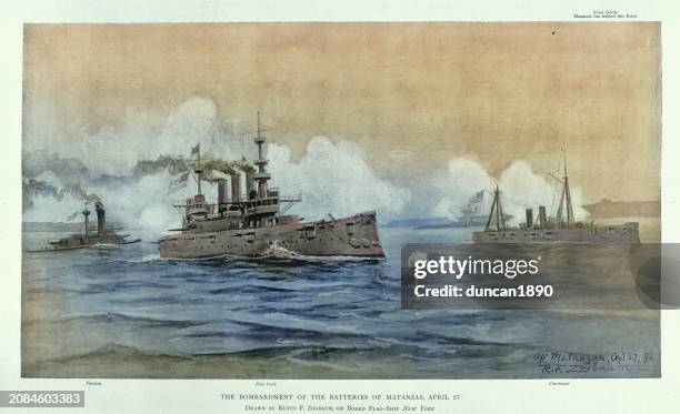 stockillustraties, clipart, cartoons en iconen met us navy warships, uss new york, bombarded the defences at matanzas, cuba, spanish–american war, military history - battle ship