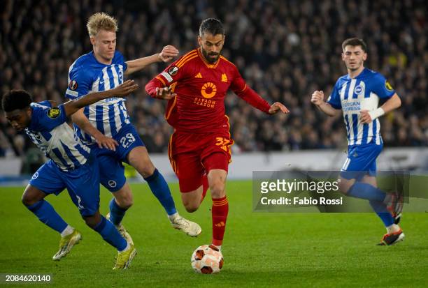 Leonardo Spinazzola of AS Roma in action during the UEFA Europa League 2023/24 round of 16 second leg match between Brighton & Hove Albion and AS...