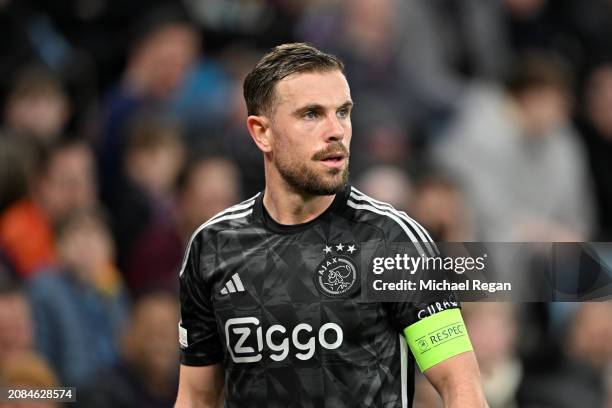 Jordan Henderson of Ajax looks on during the UEFA Europa Conference League 2023/24 round of 16 second leg match between Aston Villa and AFC Ajax at...