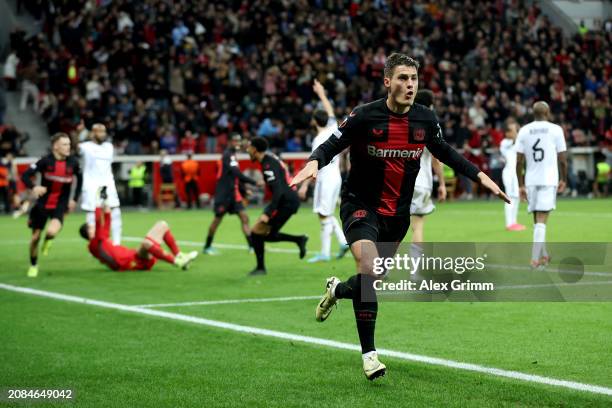 Patrik Schick of Bayer Leverkusen celebrates scoring his team's second goal during the UEFA Europa League 2023/24 round of 16 second leg match...