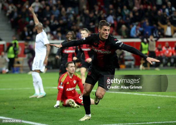 Patrik Schick of Bayer Leverkusen celebrates scoring his team's second goal during the UEFA Europa League 2023/24 round of 16 second leg match...