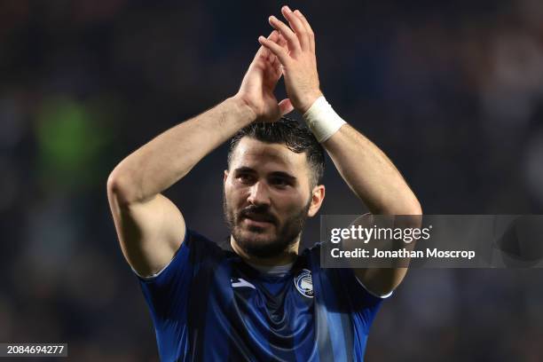 Sead Kolasinac of Atalanta applauds the fans following the final whistle of the UEFA Europa League 2023/24 round of 16 second leg match between...