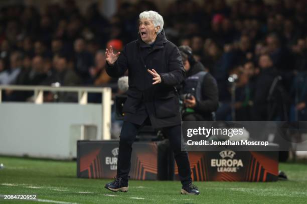 Gian Piero Gasperini Head coach of Atalanta reacts during the UEFA Europa League 2023/24 round of 16 second leg match between Atalanta BC and...