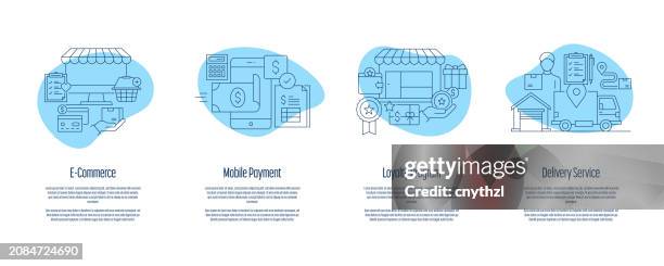 e-commerce, mobile payment, treueprogramm, lieferung onboarding app bildschirme vektorillustration - prämienkarte stock-grafiken, -clipart, -cartoons und -symbole